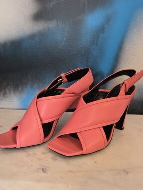 Marni Coral Pink Crisscross Slingback Block Heels..Italy